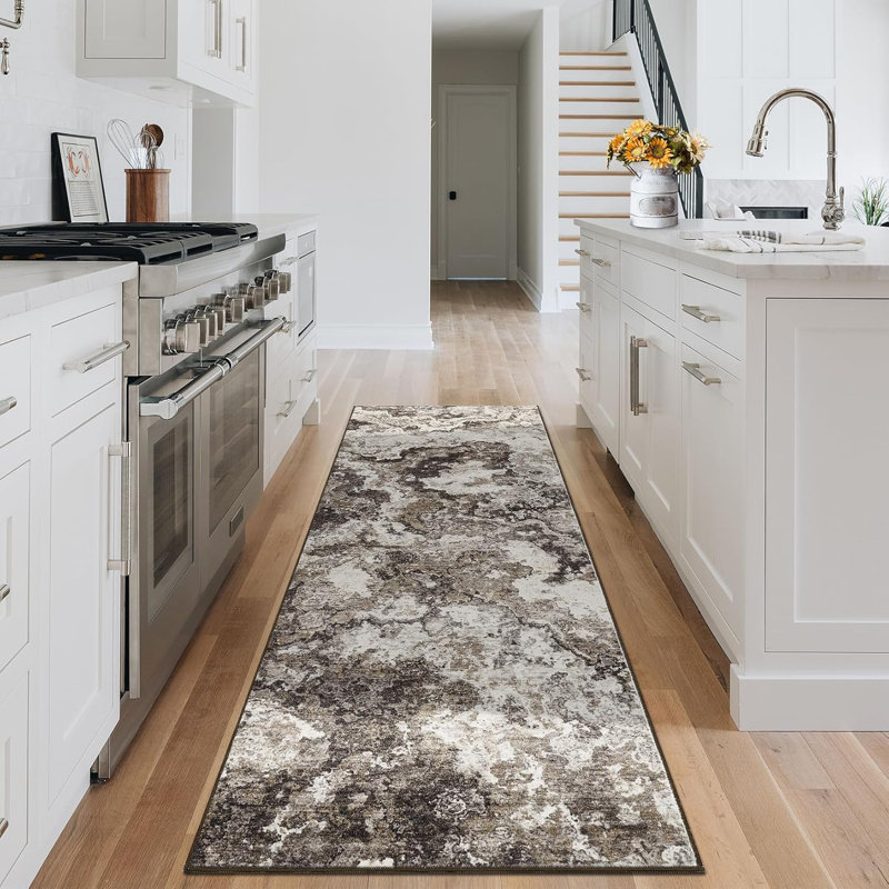 2x6 Washable Brown Runner Rug, Abstract Non-Slip, Soft Low Pile for Kitchen, Hallway, Bathroom, Laundry, Indoor Accent Carpet.