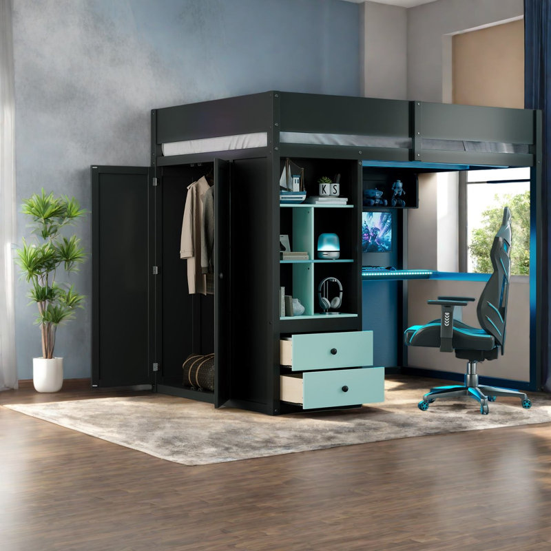 Lit mezzanine double avec rangement, bureau et armoire, chambre moderne en bois massif, Noir 1