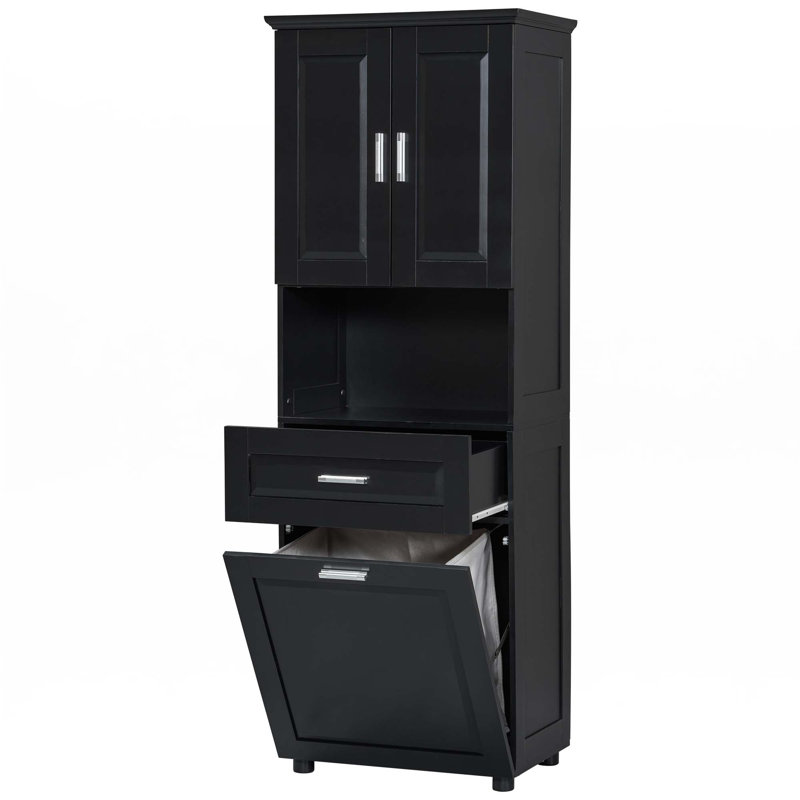 Tall Bathroom Cabinet With Laundry Basket, Black