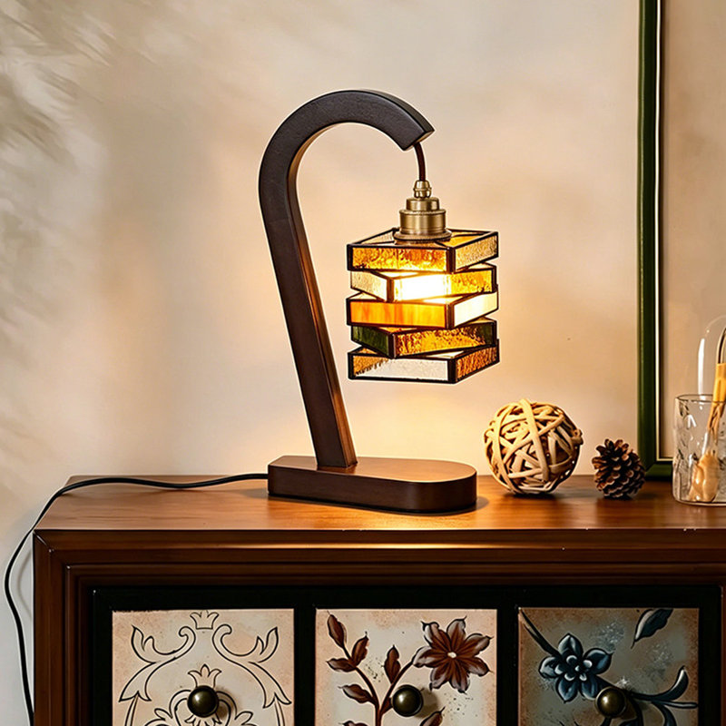 Petite lampe de table moderne en bois massif brun avec abat-jour en verre pour le salon de la chambre à coucher, ampoule incluse