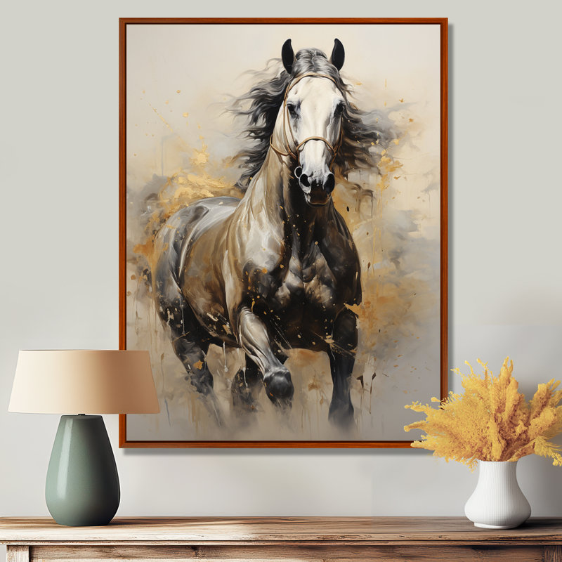 «Keavie Beige Horse Golden Équitation pointillisme», reproduction d'art sur toile, H 32 po x l 16 po x P 1 po