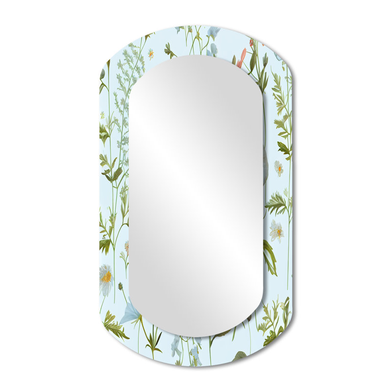 «Melis Blossoming Pastel Wildflowers On Light Blue VI», miroir décoratif cylindrique floral, miroir mural asymétrique traditionnel, impression d'art en métal