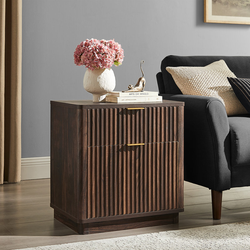 23'' Fluted Nightstand – Mid-century Modern Bedside Table With Storage With 2 Drawer, Dark Walnut