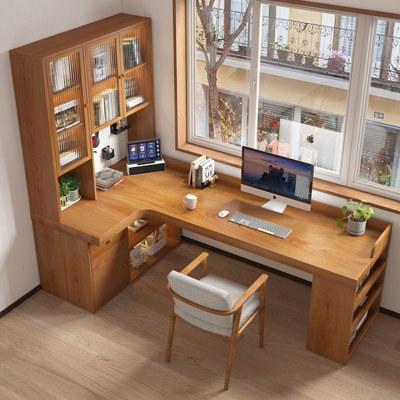 Brown L-Shaped Solid Wood with 1 drawers writing desk