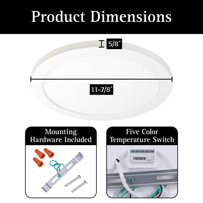 Plafonnier encastré à DEL 12 pouces blanc, luminaire polyvalent, température de couleur réglable 5 CCT, intensité variable 1200 lumens
