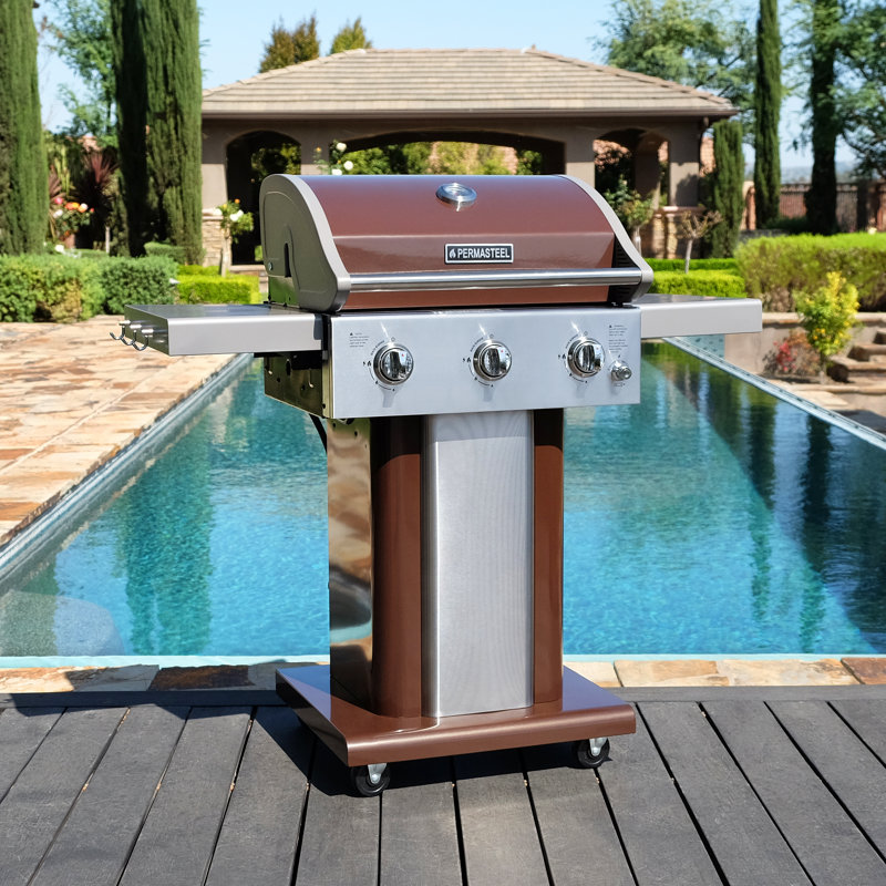 Permasteel 3-Burner Compact Propane Gas Grill with Foldable Side Tables and Grilling Tool Hooks, Mocha