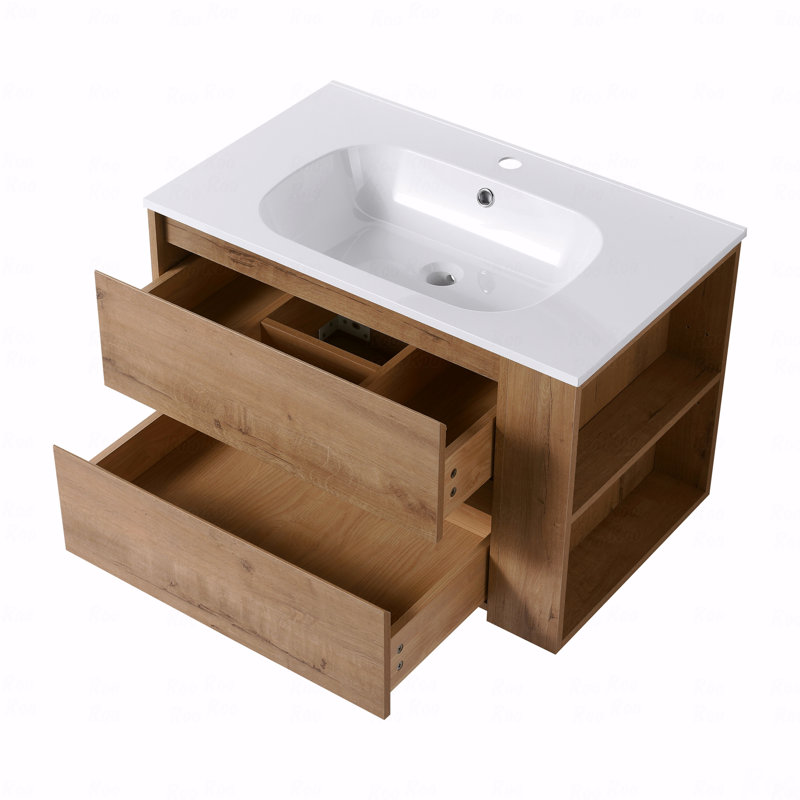 Meuble-lavabo mural 30 po avec lavabo en gel, tiroir à fermeture en douceur, Naturel