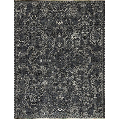 Queens Hand Knotted Wool Area Rug in Midnight/Ivory/Gray