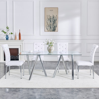 Table de salle à manger en verre trempé de 71 pouces avec panneaux en métal massif, structure résistante aux chocs, pièce visuellement claire et spacieuse, facile à nettoyer, style luxueux, support artistique stable