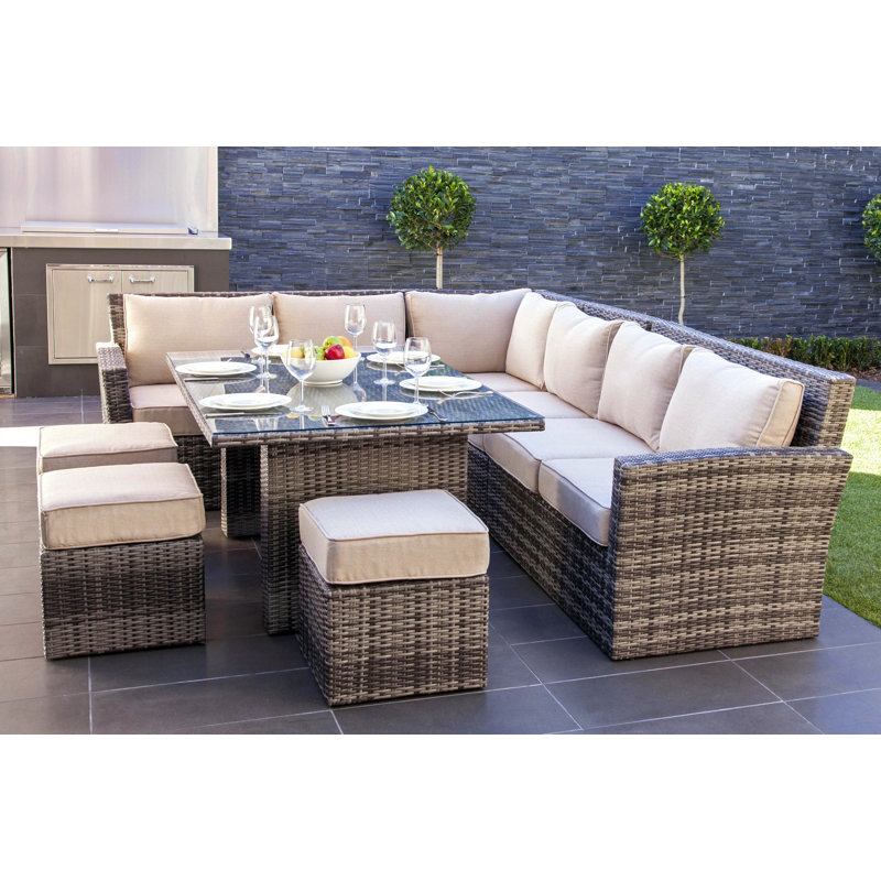 Ensemble de conversation modulaire avec coussins 8 pièces en rotin Perdomo, Gris
