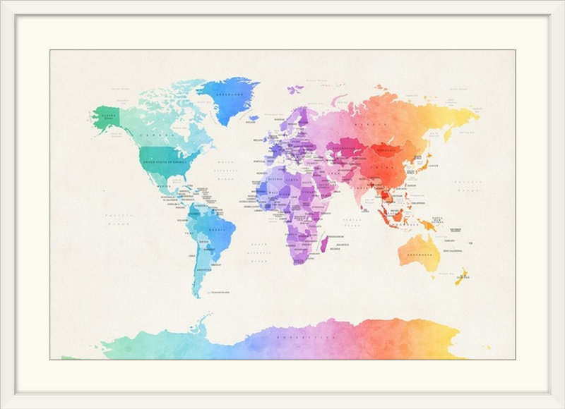 «Francy, aquarelle, carte politique du monde» par Michael Tompsett, impression, H 32 po x l 44 po x P 1 po, Cadre blanc