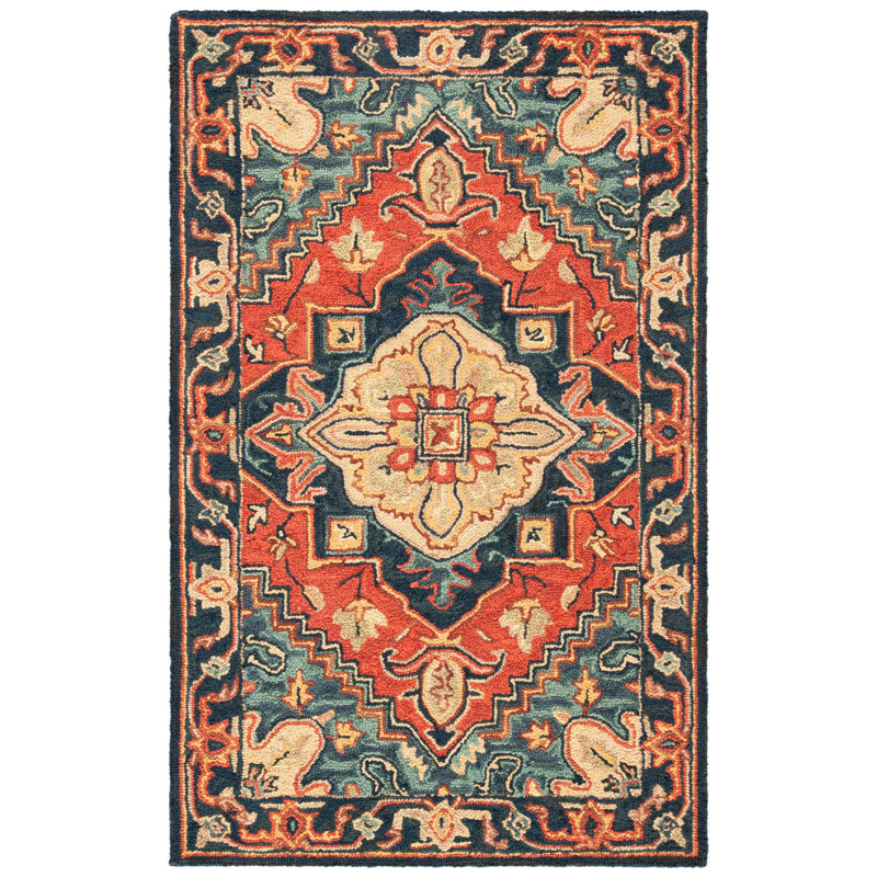 Bluffs Hand Loomed Wool/Cotton/Latex Oriental Rug in Red/Navy, Rectangle 4' x 6'