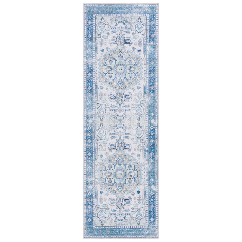 Arizona Maleek Machine Washable Non-Slip Area Rug in Grey/Blue, Runner 76 x 244cm