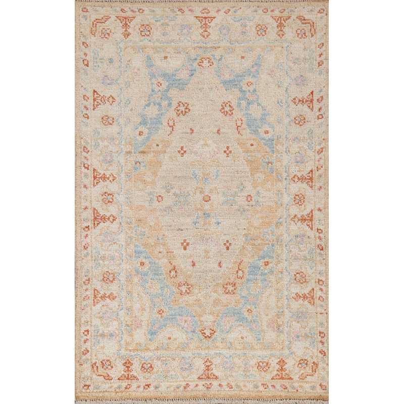 Tapis bleu en laine noué à la main de conception unique 3 pi 0 po x 5 pi 1 po