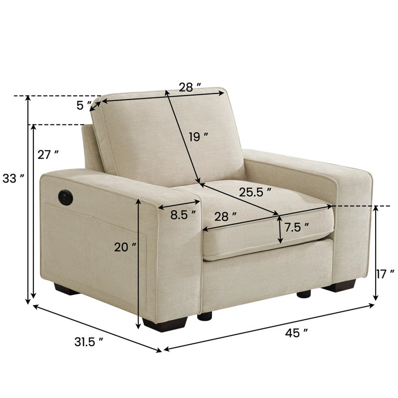 Upholstered Armchair with 4 Pockets and USB Ports, Beige Chenille