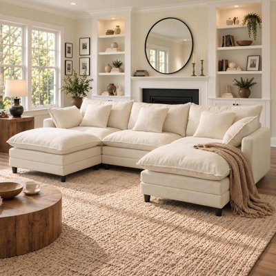 Canapé modulaire en U 108 po avec 2 repose-pieds mobiles et 5 coussins, chenille, beige 108 po