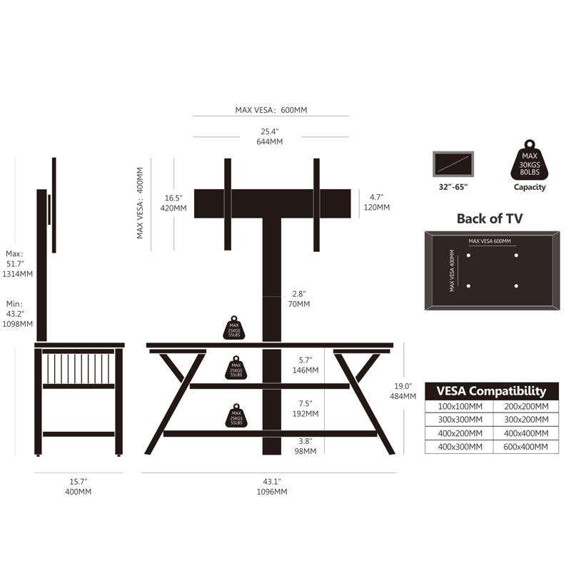 Tv Stand With Mount For 32-65 Inch Tvs Hold Up To 66lbs, Brown/Black