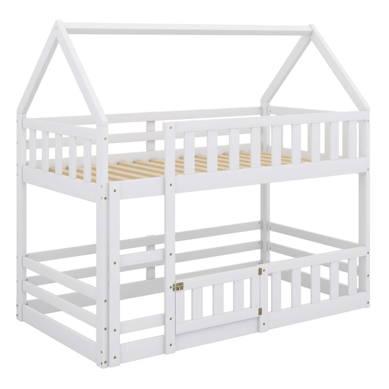 Twin-On-Twin Bunk Bed With House-Themed Fencing & Door Accents, White