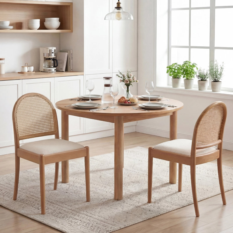 Ensemble de 2 chaises de salle à manger en rotin, chaises de salle à manger rembourrées en lin avec dossiers, chaises de cuisine modernes avec pieds en bois pour la salle à manger