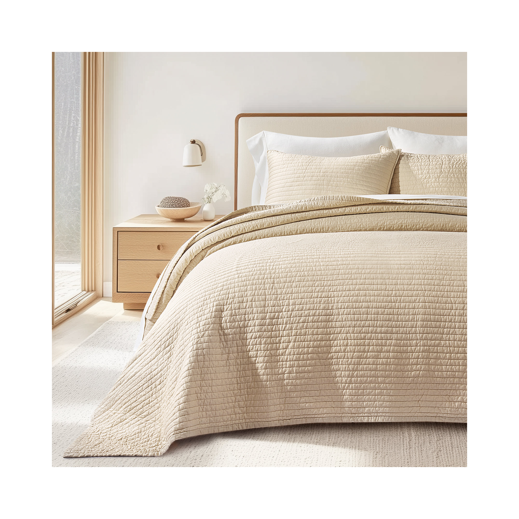 Oversized Cotton Sateen Channel Stitch Quilt Set - 3 Pieces King/Queen Bedding Comforter Set with Pillow Shams, All Season Lightweight Bedspread