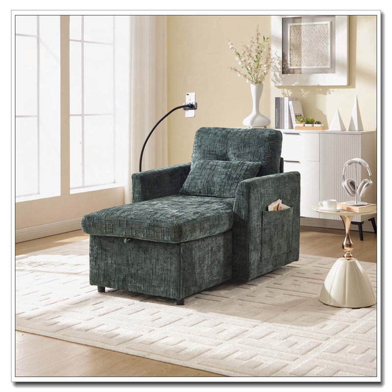Chaise longue en chenille avec rangement, Emerald
