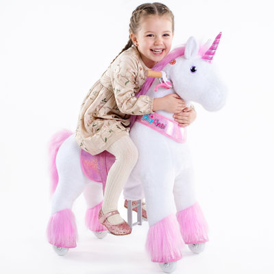 Jouet PonyCycle Ride on Unicorn pour enfants en 3 tailles, licorne mécanique en peluche avec klaxon scintillant et frein à main, sans piles, de 3 à 4 ans et de 7 ans et plus