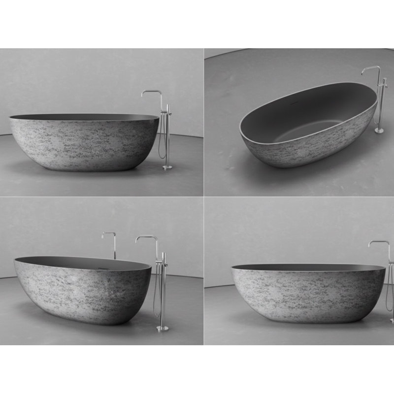 Baignoire autoportante ovale métallique de 62,8 po x 30,3 po Vast Studio - Baignoire profonde texturée argentée / grise vieillie avec intérieur et extérieur bicolores, finition de luxe moderne sculptée