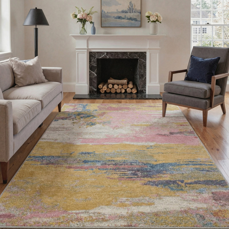 Lucchesi Abstract Machine Washable Yellow / Pink Indoor Area Rug with Non-Slip Backing, Rectangle 9' x 12'