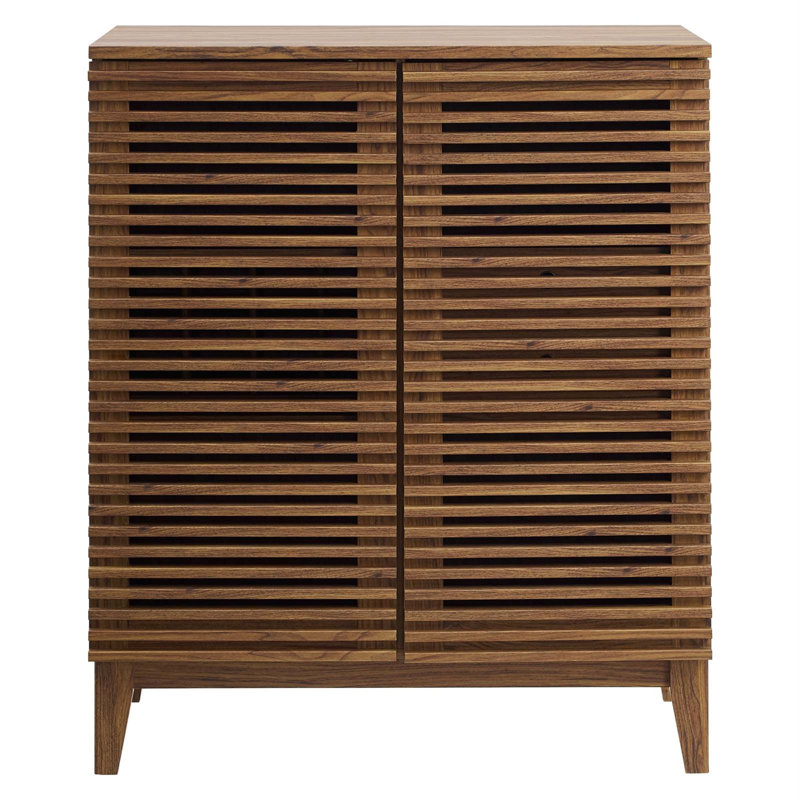 Walnut Mid-Century Modern Slatted Door Bar Cabinet