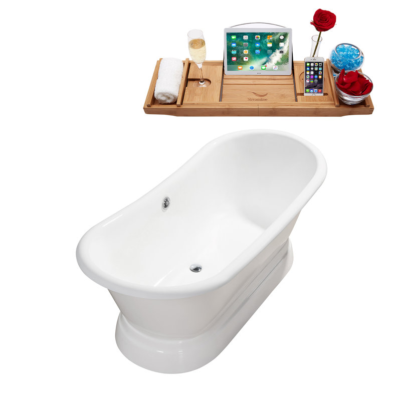 Baignoire de trempage autoportante 71 po avec plateau en bambou Streamline, Chrome poli