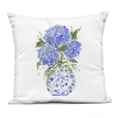 Hydrangea Trio in Vase Outdoor Printed Pillow, design by Lucille Price