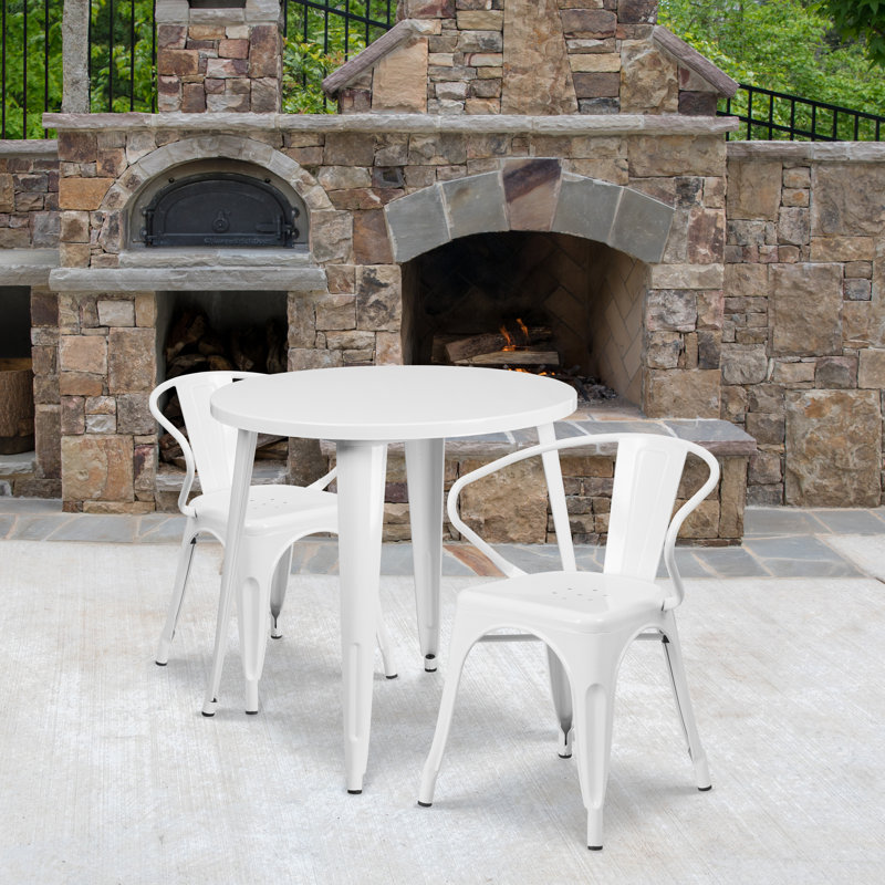 Duluth 30'' Round Metal Indoor-Outdoor Table Set with 2 Arm Chairs, White, 29.50" H x 30" W x 30" L