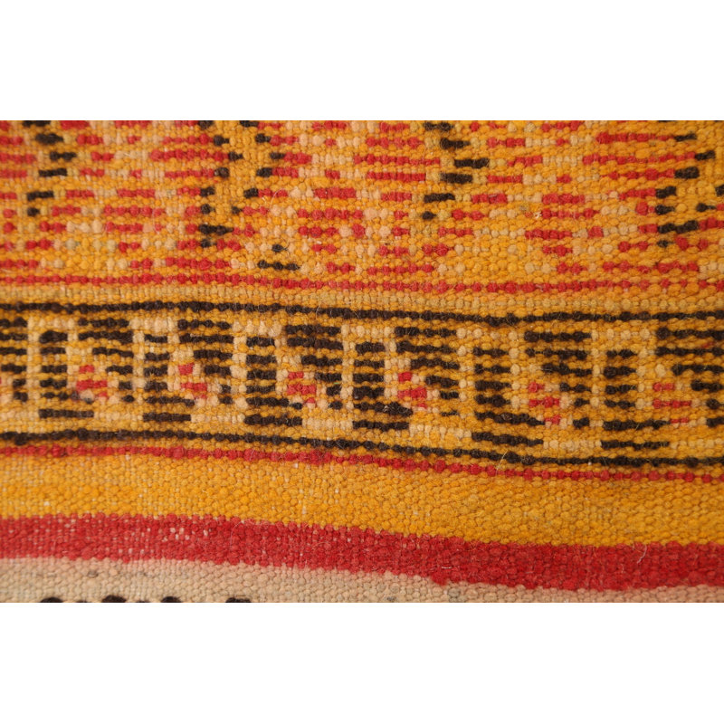 Tapis décoratif noir et orange en laine de conception unique 5 pi 1 po x 8 pi 6 po noué à la main