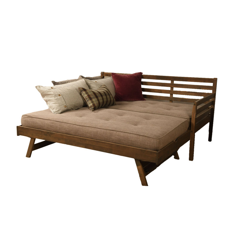 Lit de jour et lit escamotable avec matelas Alhamdi Boho, Lin pierre, Noyer rustique