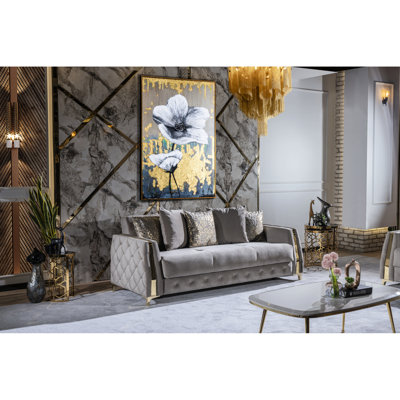Canapé-lit pour 3 personnes avec velours taupe, modèle moderne, structure en bois, lit caché pour les nuits, rangement sous taupe, revêtement en velours, mécanisme et dossier
