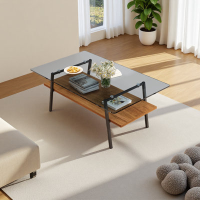 Rectangle Coffee Table, Tempered Glass Tabletop With Metal Legs, Modern Table