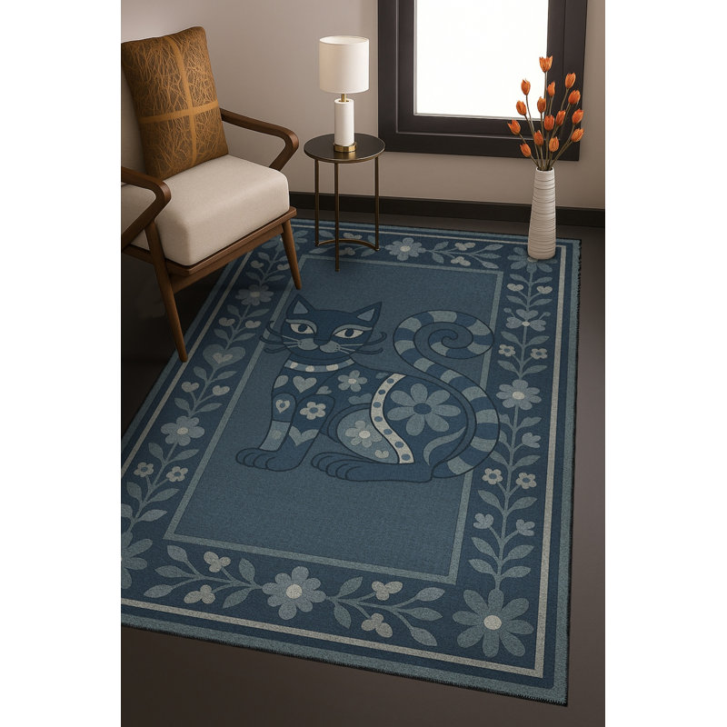 Tapis bleu tissé à motif lavable Mosso, 6'7" x 9'10"