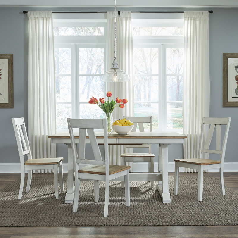 Keswick 5 Piece Trestle Dining Table Set w/ 18" Butterfly Leaf, Sandstone/White, 5 Pieces: Table, 4 Chairs