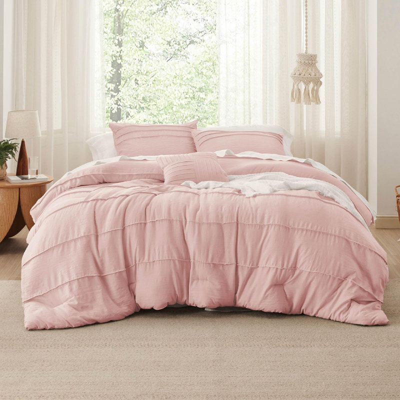 Bedsure Pinch Pleat Comforter Set Boho Bed-in-A-Bag Bedding Set with  Pillowcases for All Season, Light Pink