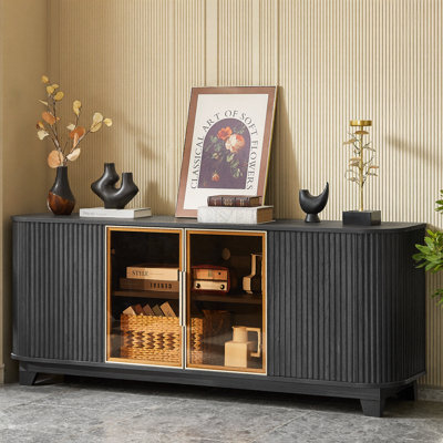 64-Inch Wavy TV Cabinet, Round Sideboard, Wooden Vertical Stripe Storage Cabinet, Aluminum Door Framed Tempered Glass Cabinet For Living Room/Bedroom/Entryway. Black,64''W X 15''D X 24''H.