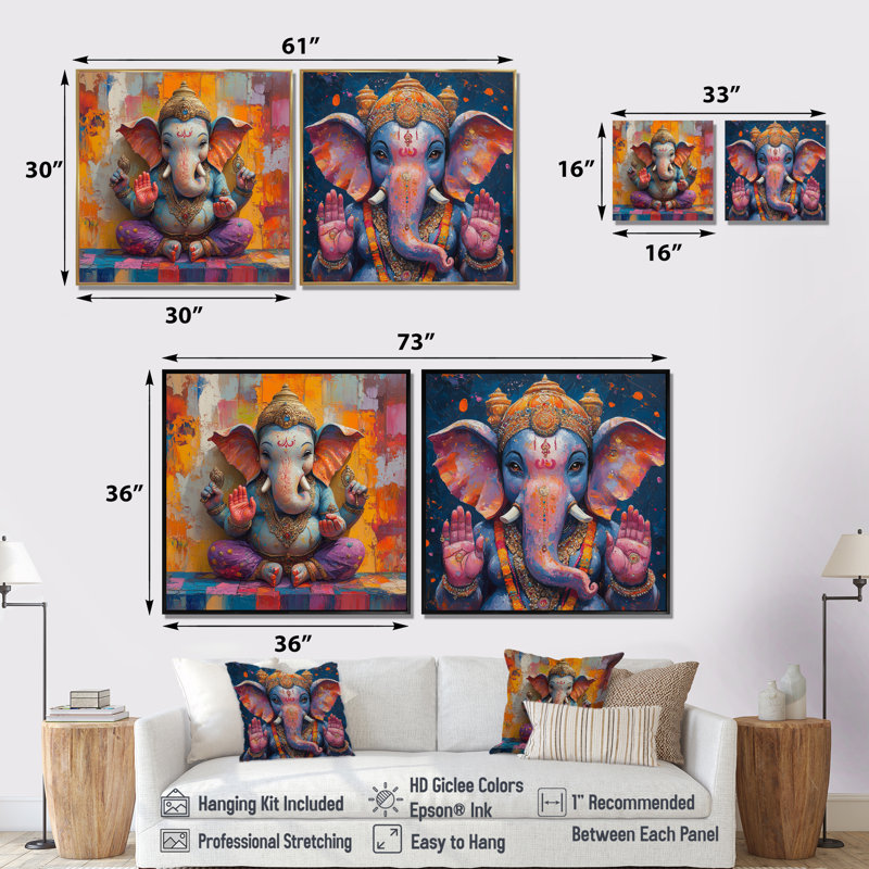 Ganesha's Playfulness Hindu Art I - Art mural indien - ensemble d'art mural global 2 pièces, H 30 po x l 61 po, Crème, crème