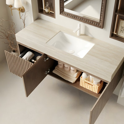 Ensemble de meuble-lavabo et lavabo 48 po, armoire de rangement flottante en contreplaqué avec tiroir et portes, comptoir en pierre frittée en travertin et lavabo en céramique avec 1 trou de robinet pré-percé, pré-assemblé, grain de bois Heidelberg