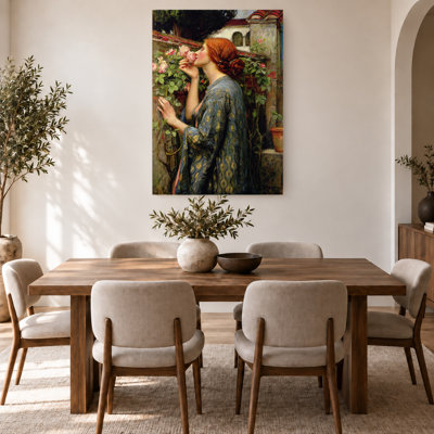 Pre-Raphaelite Woman Smelling Pink Roses Canvas Print