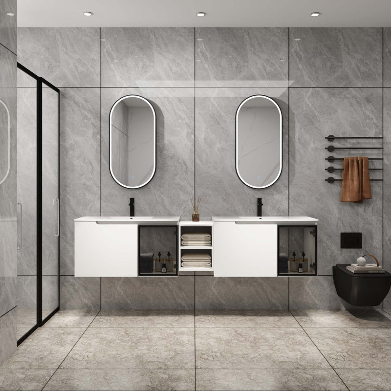 Meuble-lavabo mural avec lavabo en céramique et portes à fermeture en douceur, 84"