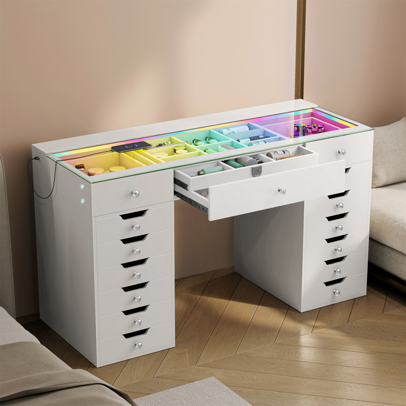 Makeup Vanity HD Glass Top Built-in LED Light Strips Large 15 Drawers Diamond Handles USB and Type-C, White