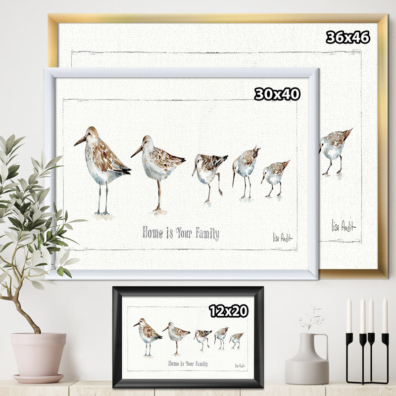 Pebbles and Sandpipers Family - reproduction d'art sur toile encadrée, H 20 po x l 20 po x P 1 po, Cadre blanc