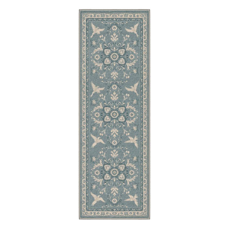 Aarna Bird & Floral Machine Washable Green / Beige Indoor Area Rug with Non-Slip Backing, Runner 2'6" x 8'