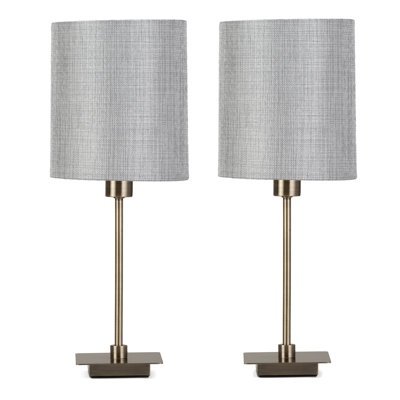 Pair (2x) Square Stick Antique Brass Metal Bedside Table Lamp 