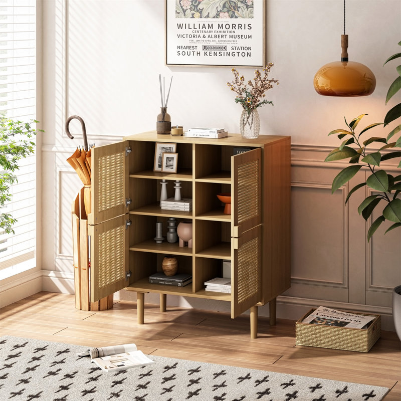 4-Doors Rattan Mesh Storage Cabinet, Natural Wood