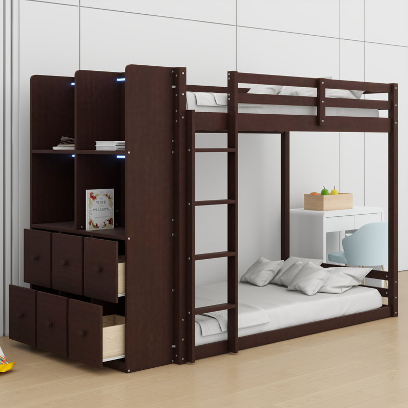 Lit superposé avec rangement réversible et lumière DEL pour chambres d'enfants, Espresso